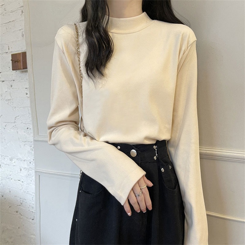 奶油色双面徳绒打底衫东大门冬款韩版半高领加绒保暖休闲内搭t恤