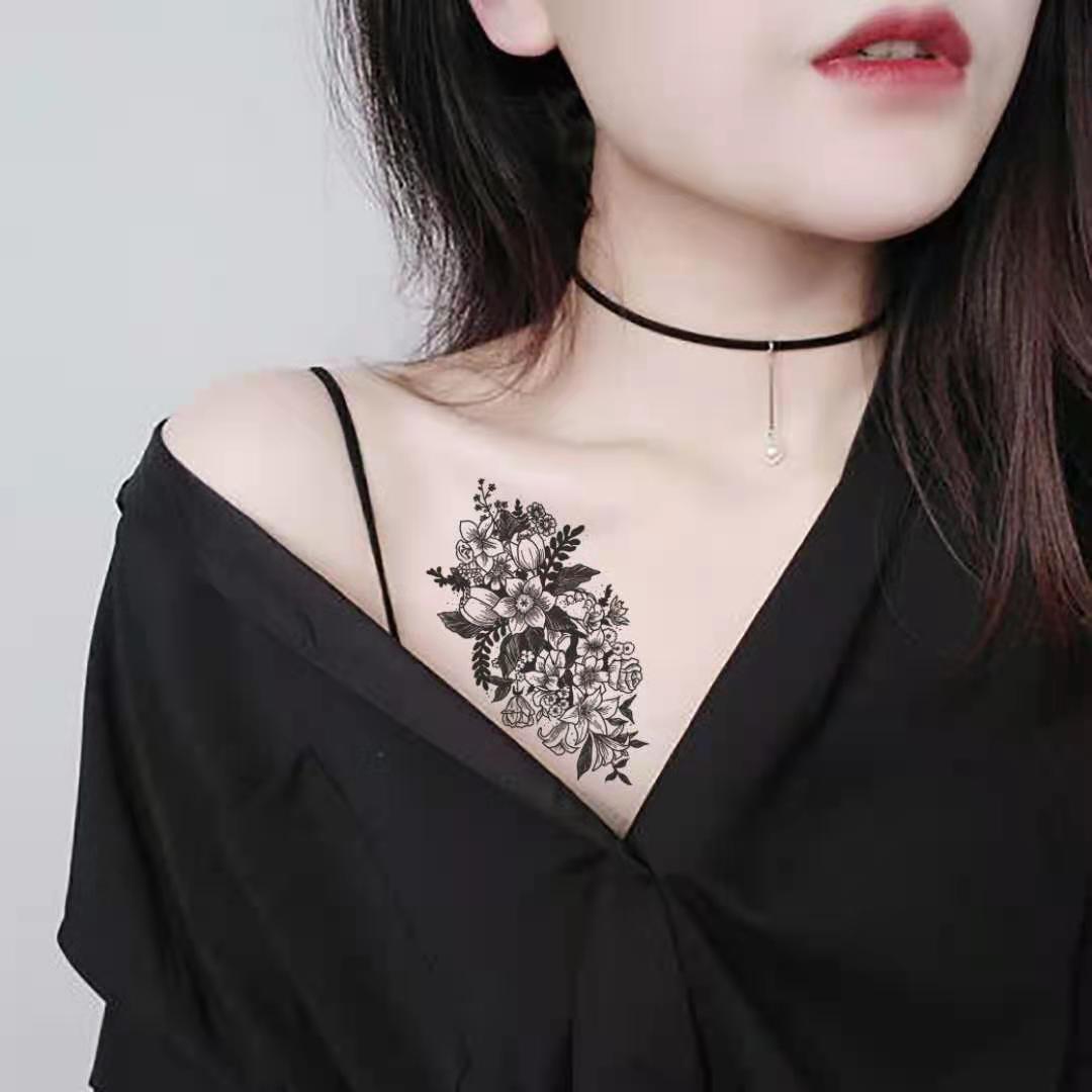 Wholesale Sketch Flower Tattoo Sticker Korean Black and White Scar Cover up Rose Fresh Temporary Tattoo Sticker Package in Stock