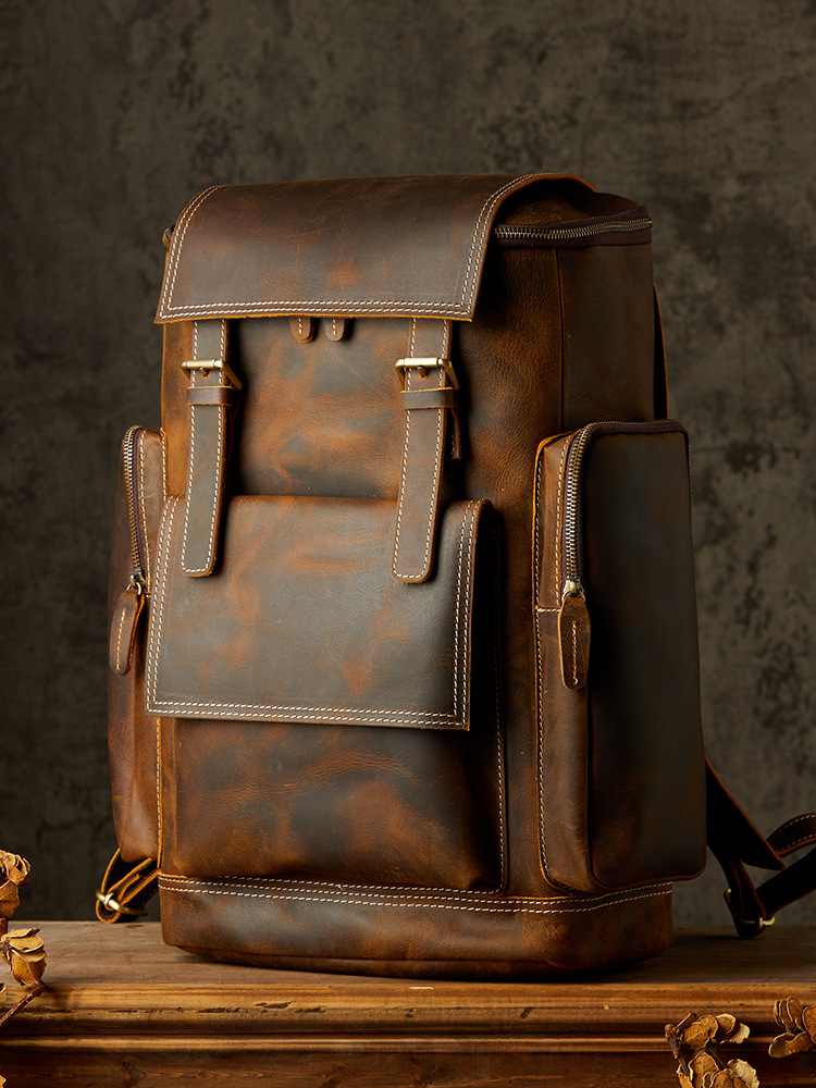 手工牛皮双肩包男欧美大容量机车男包骑行旅行真皮包潮牌电脑背包