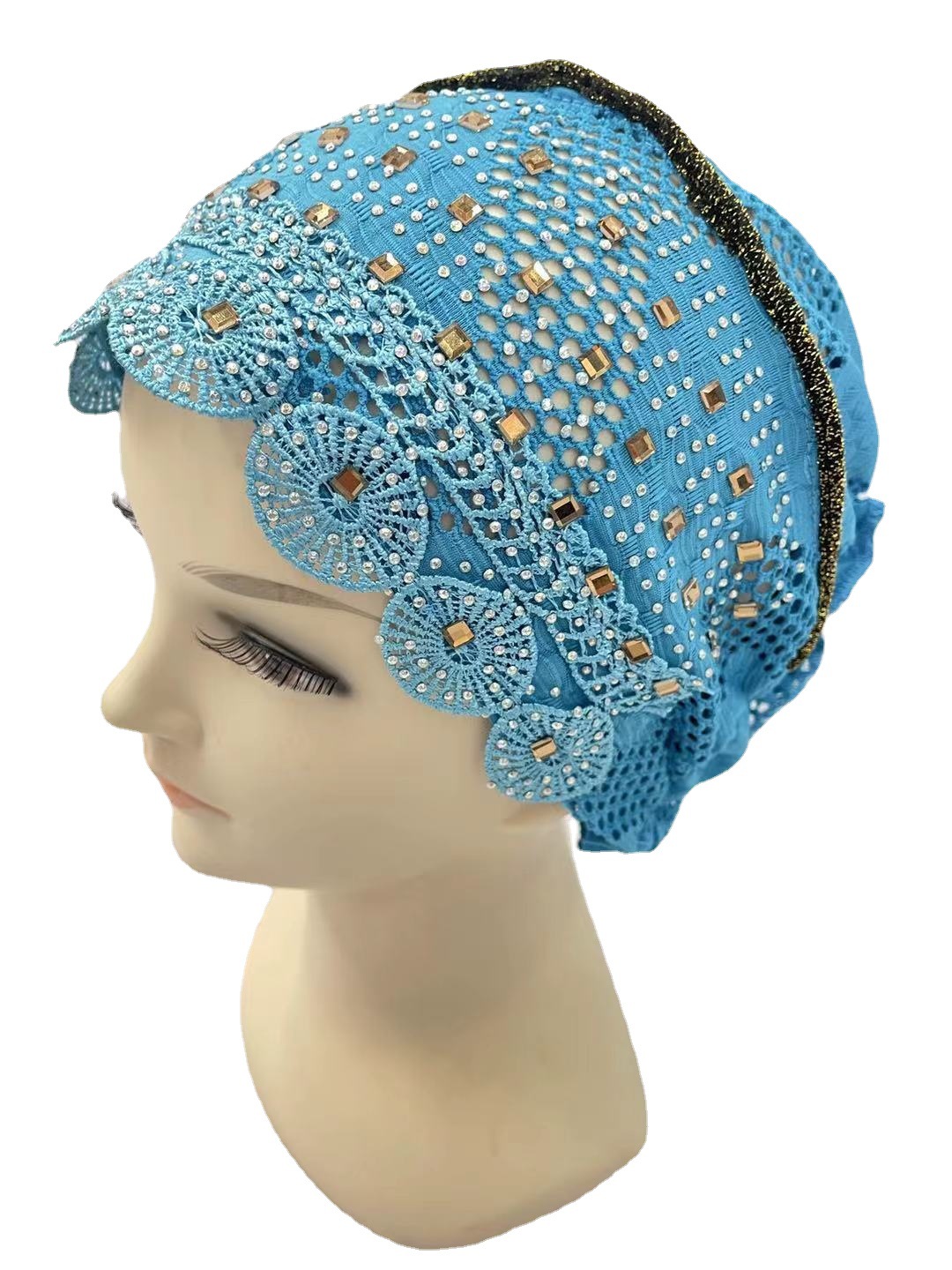 阿拉伯头巾帽 蕾丝花烫钻镂空礼拜帽 穆斯林现货跨境货源