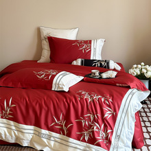 新中式100支长绒棉四件套古典刺绣天丝纯棉被套床单双人床上用品