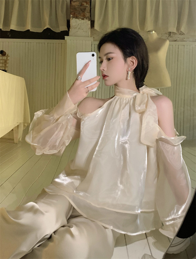 人鱼姬衬衫夏季设计感法式宫廷风温柔露肩气质长袖衬衣上衣k1640