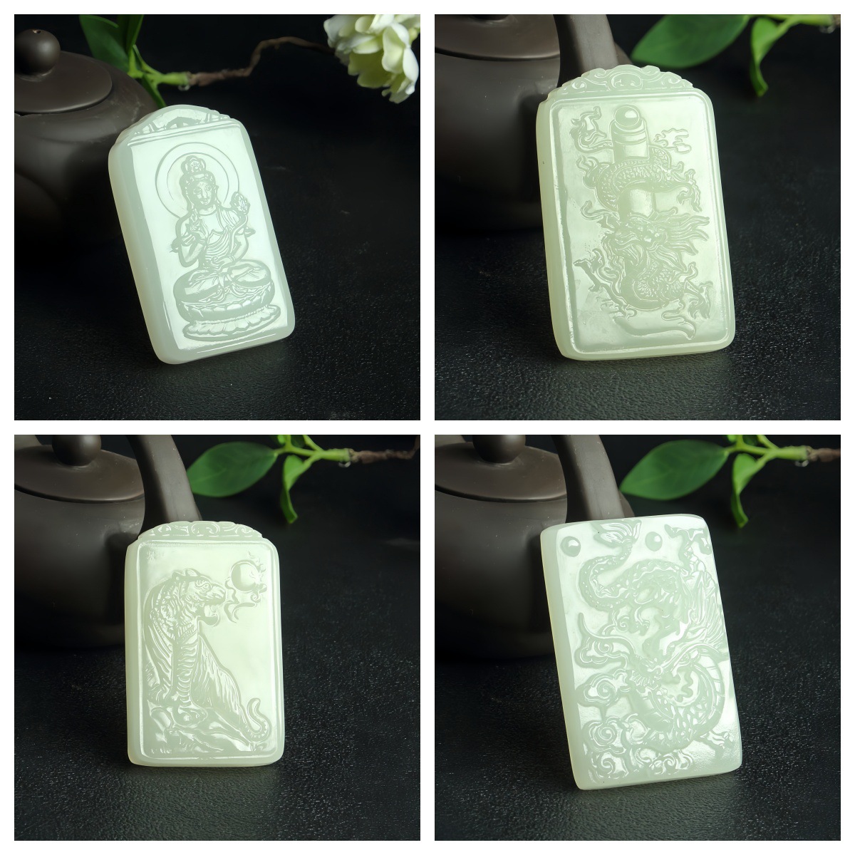 细工阿富汗青白玉电脑雕刻玉牌方形大吊坠 观音佛龙牌男士大挂件