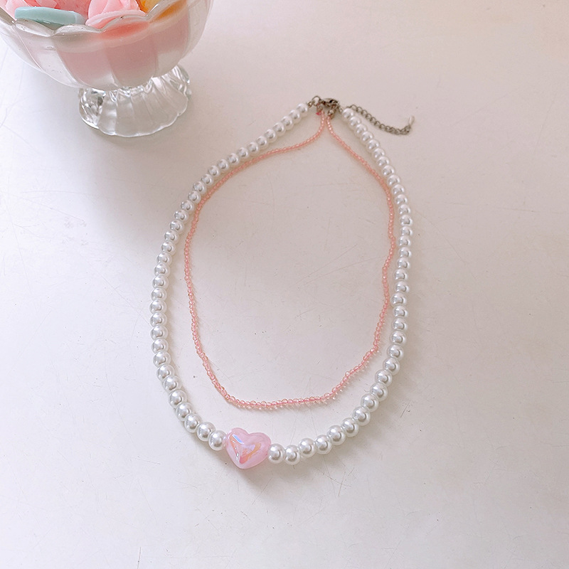 Korean Style Elegant Lovely Double-Layer Pearl Necklace Online Celebrity Personalized Clavicle Chain Sweet Girl Heart Necklace for Women