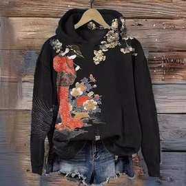 欧美跨境3d数码印花女连帽卫衣立体花卉秋冬套头帽衫宽松外贸女装