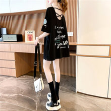 露背中长款V领短袖T恤女2022夏季新款韩版宽松大码设计感心机上衣
