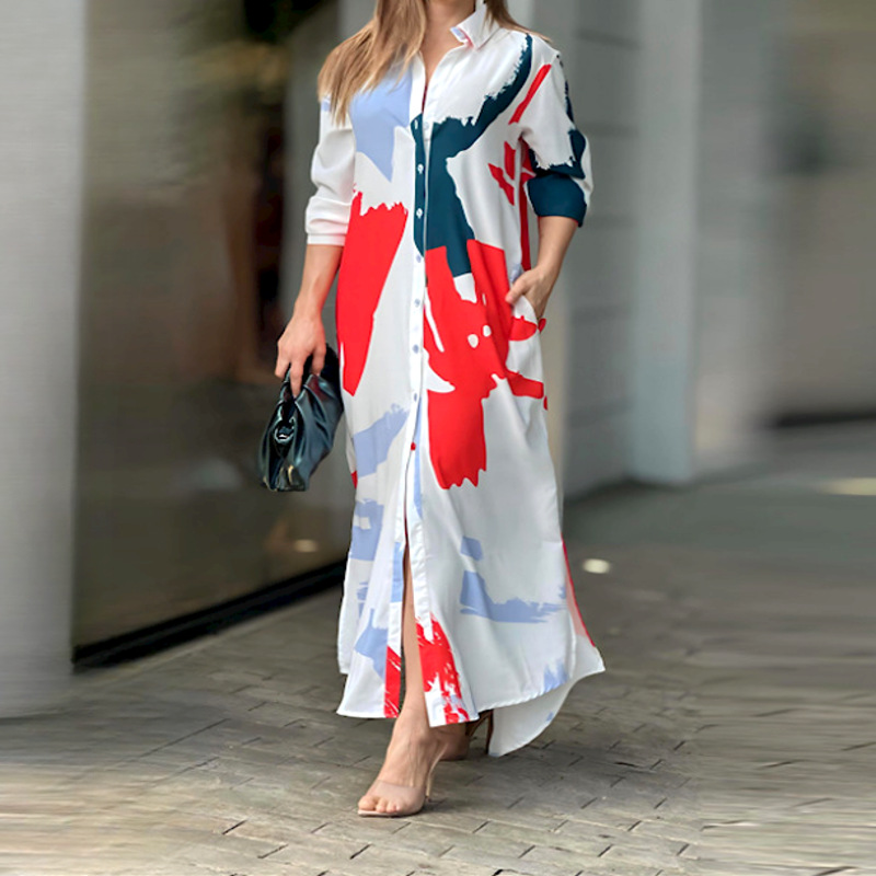 2024 Spring Women's Clothes New Cross-Border Independent Station European and American Fashion Casual Printing Loose Split Shirt Dress Women Clothes