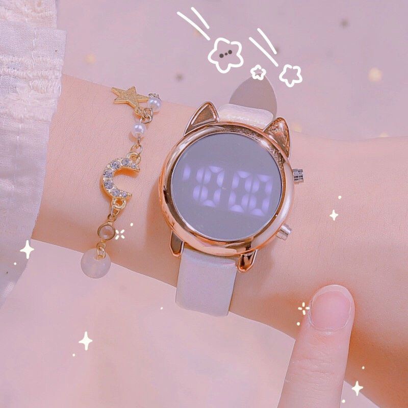 手表女ins风樱花少女韩版简约学生夜光电子镜子独角兽初高中可爱