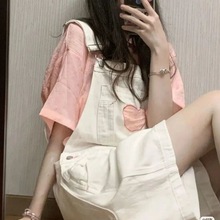 夏季套装女学生韩版宽松日系软妹甜美粉短袖衬衣+背带短裤两件套