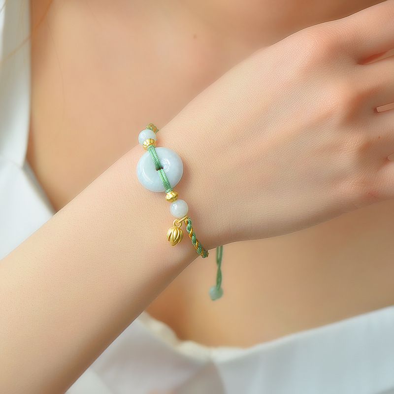 天然a货翡翠平安扣手编手链女 手工编织翡翠玉石手链百搭闺蜜手绳