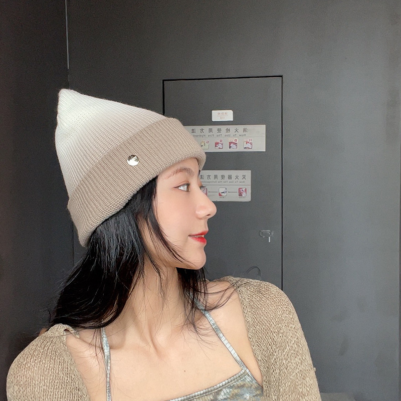 Gradient Color Texture Small Icon Knitted Hat 2021 Autumn and Winter New Dome Ins Warm Woolen Hat Sleeve Cap