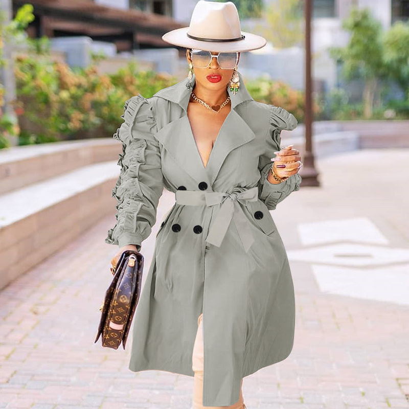 秋冬新品外贸欧美风 欧美西装领长袖时尚丝绒修身长款风衣外套复古