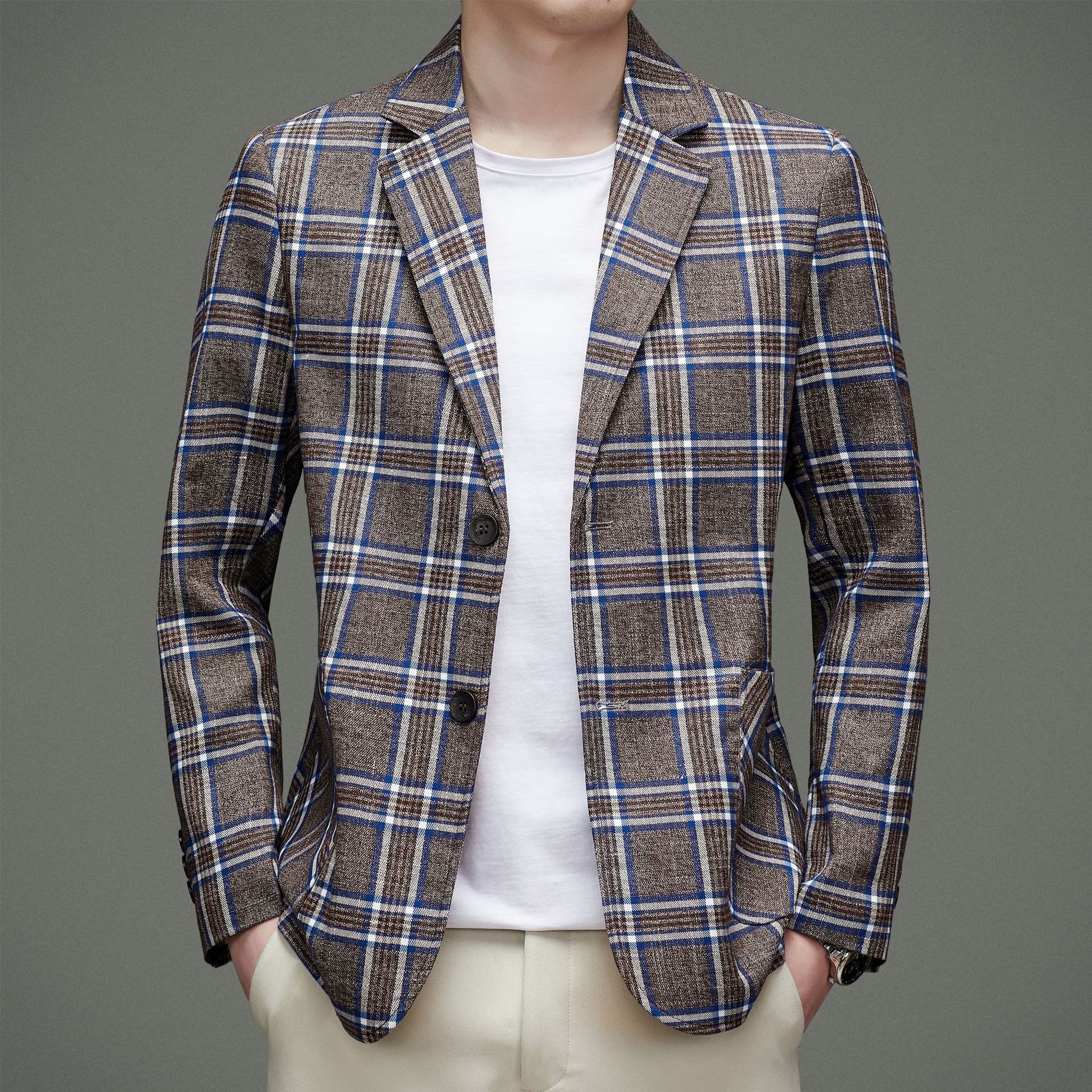 厂家批发新款西装外套男士商务休闲格子提花修身免烫防皱小西服