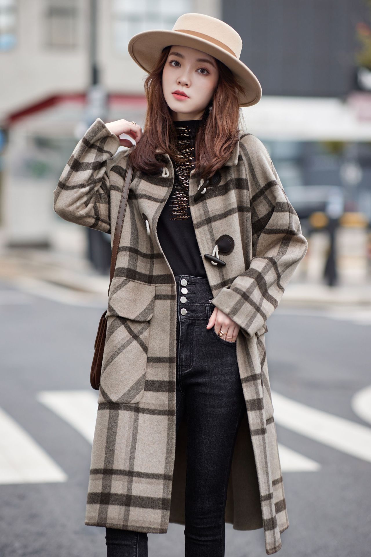 2021秋装民族风韩版格子棉无腰带毛呢羊毛气质通勤咖啡色风衣