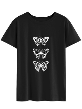 春季新款女装创意趣味三只蝴蝶图案印花 街头潮牌t恤衫 短袖上衣