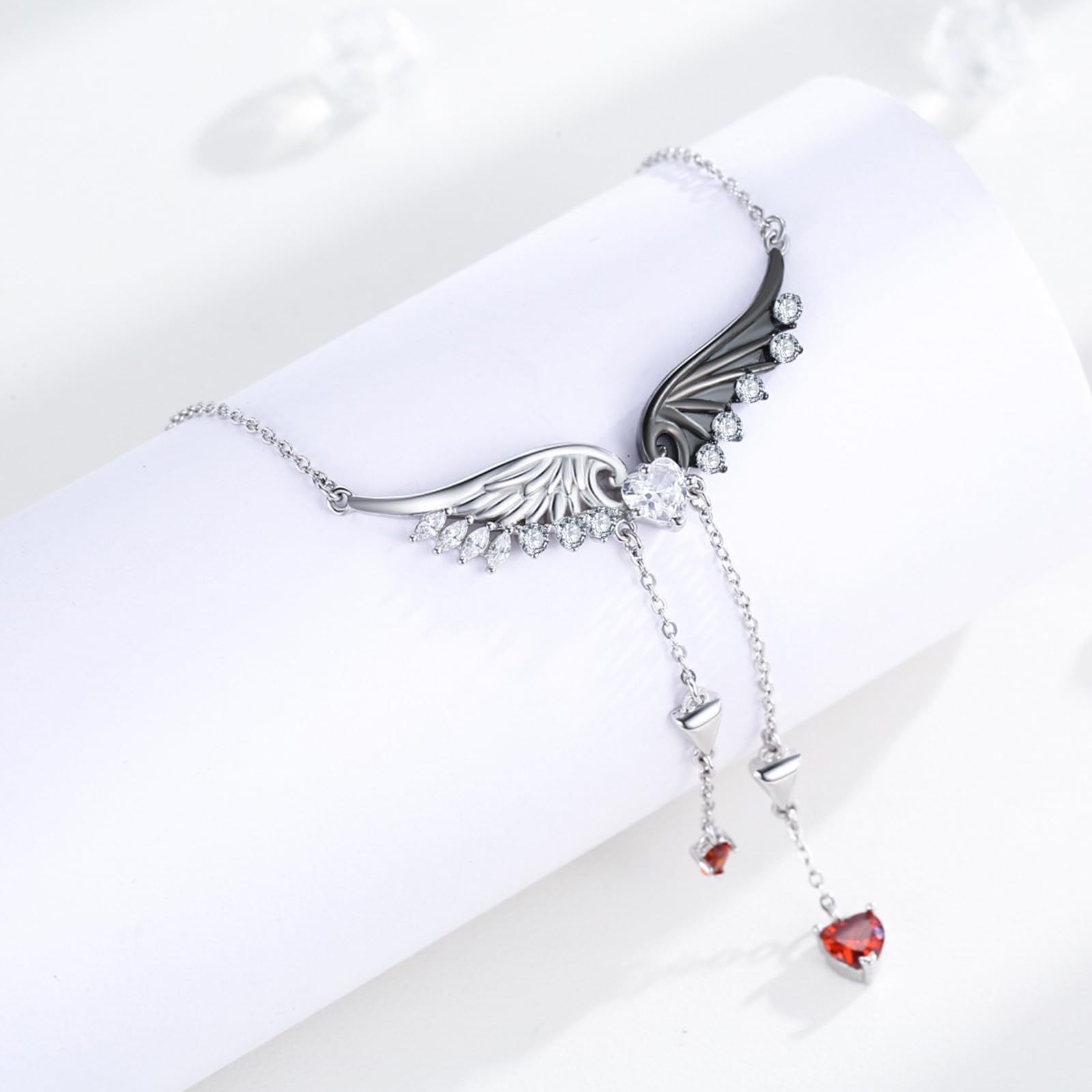 跨境欧美哥特式爱心天使恶魔翅膀锁骨链镶钻双色时尚吊坠情侣项链