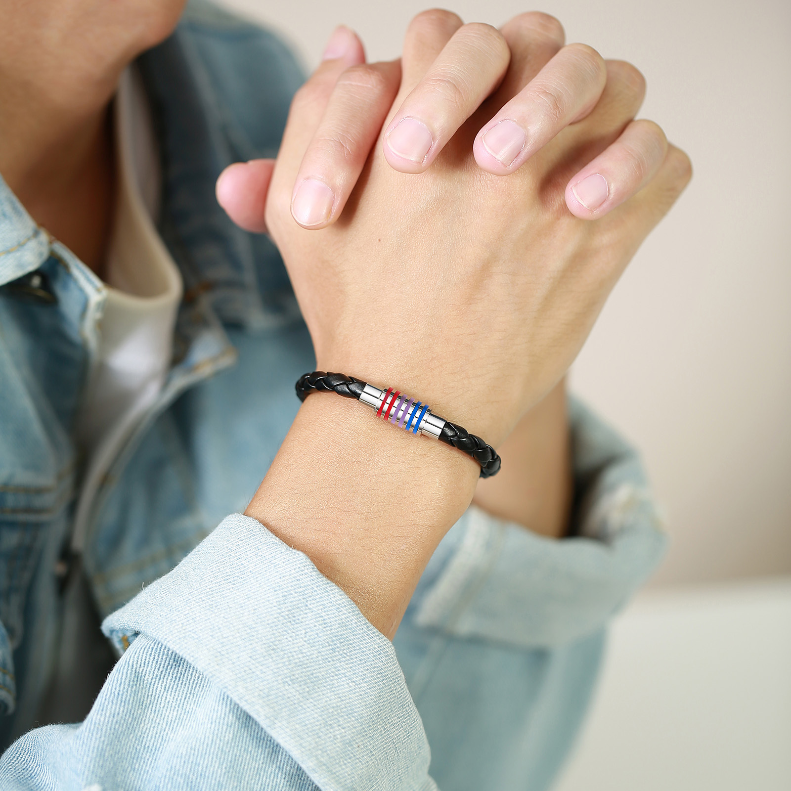 跨境手饰 欧美首饰彩虹编织手链手镯钛钢pu皮革 同性恋饰品pb-004