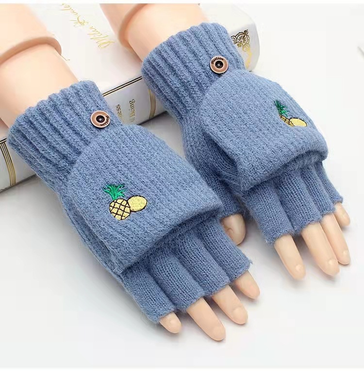 Winter Korean Style Women's Thermal Gloves Half Finger Flip Student Writing Knitted Gloves Fleece-Lined Thermal Cycling Gloves