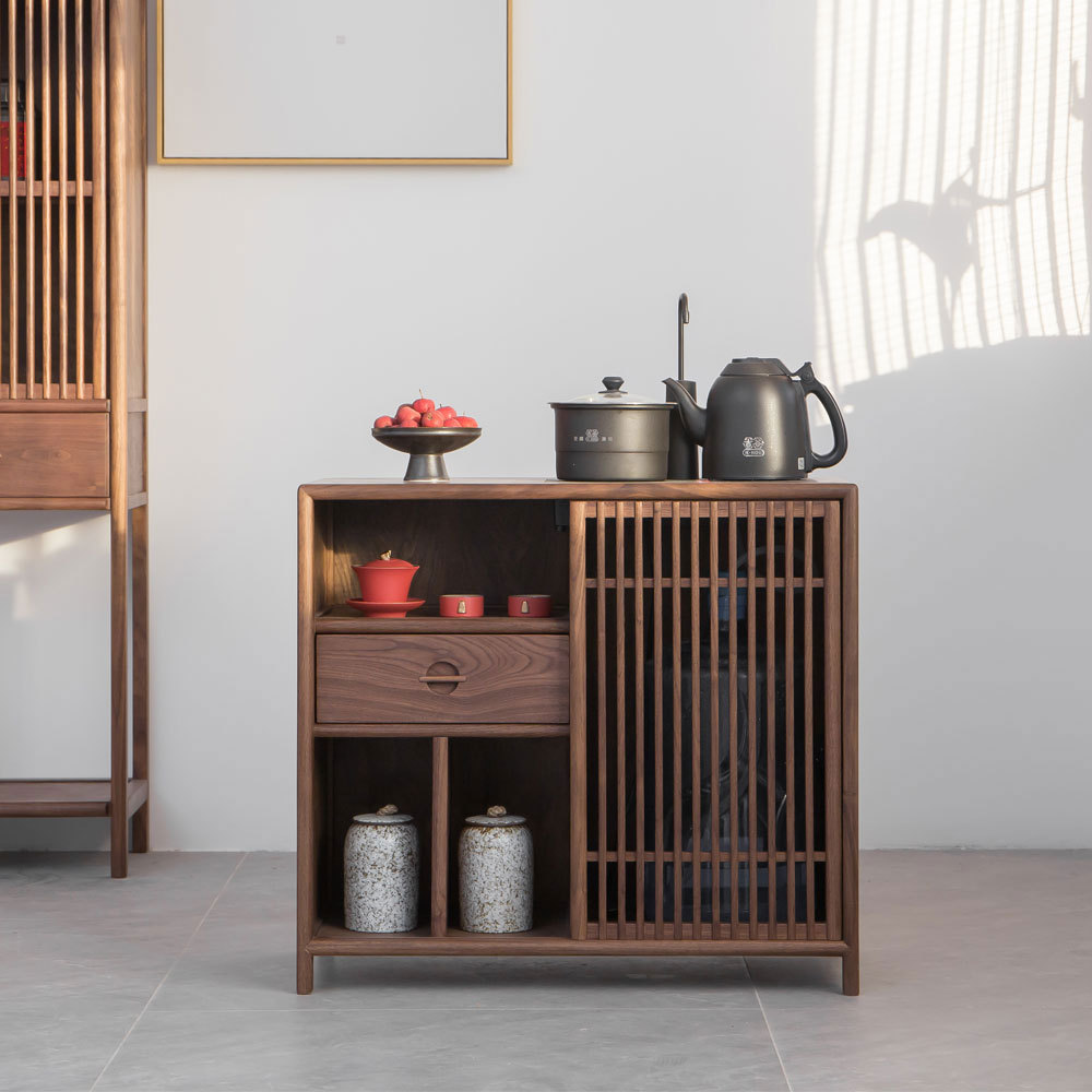 冉木新中式实木茶水柜烧水柜黑胡桃现代简约客厅茶边柜茶台小柜子