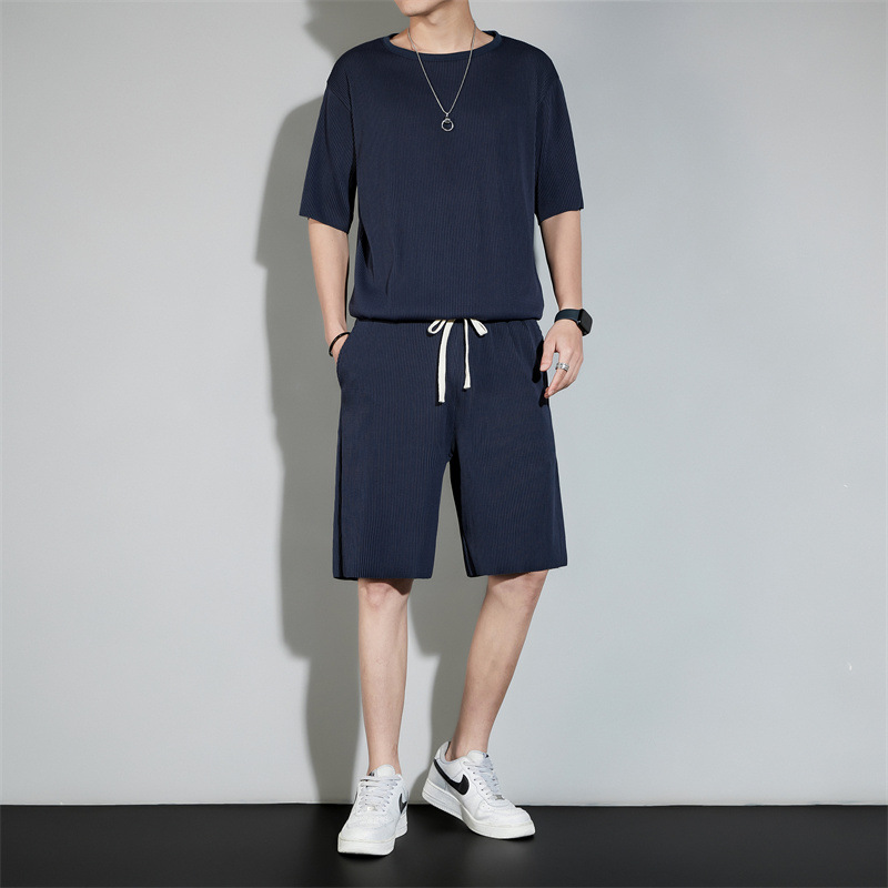 Trendy Sports Suit Men's Summer Light Business Men's Short-Sleeved Casual Suit Ice Silk Quick-Drying Thin Shorts Suit Men