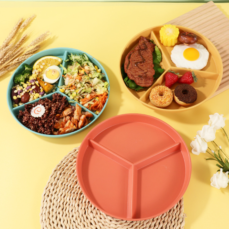 小麦秸秆分格餐盘圆形减脂餐盘定量盘塑料学生分餐盘子水果盘厂家