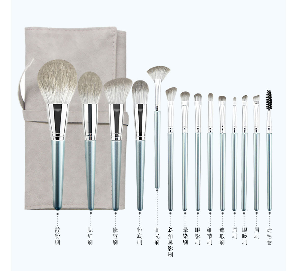 初见化妆刷全套14支李同学 新款银色柔软脸部刷子套装 一件代发