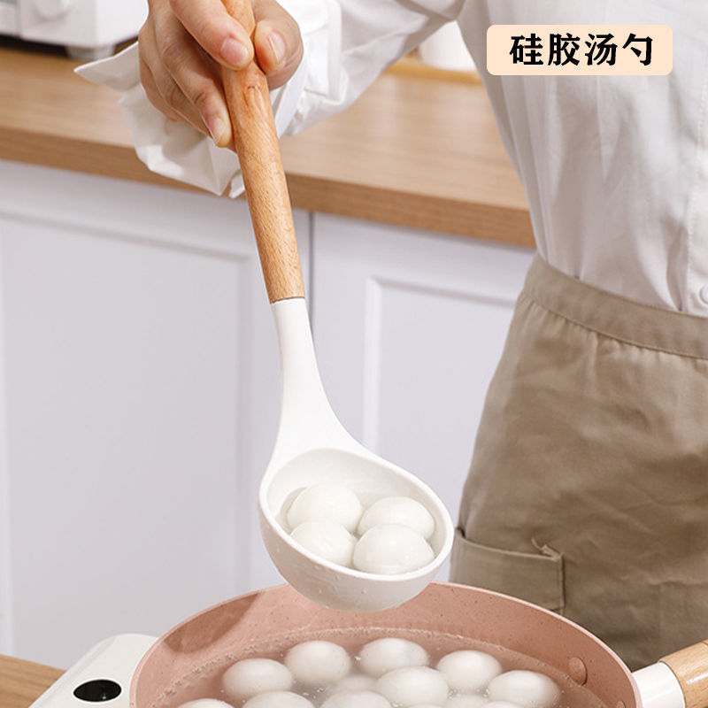 Factory Wholesale Wooden Handle White Non-Stick Pan Silicone Shovel High Temperature Resistant Silicone Pot Shovel Soup Spoon Kitchenware Set