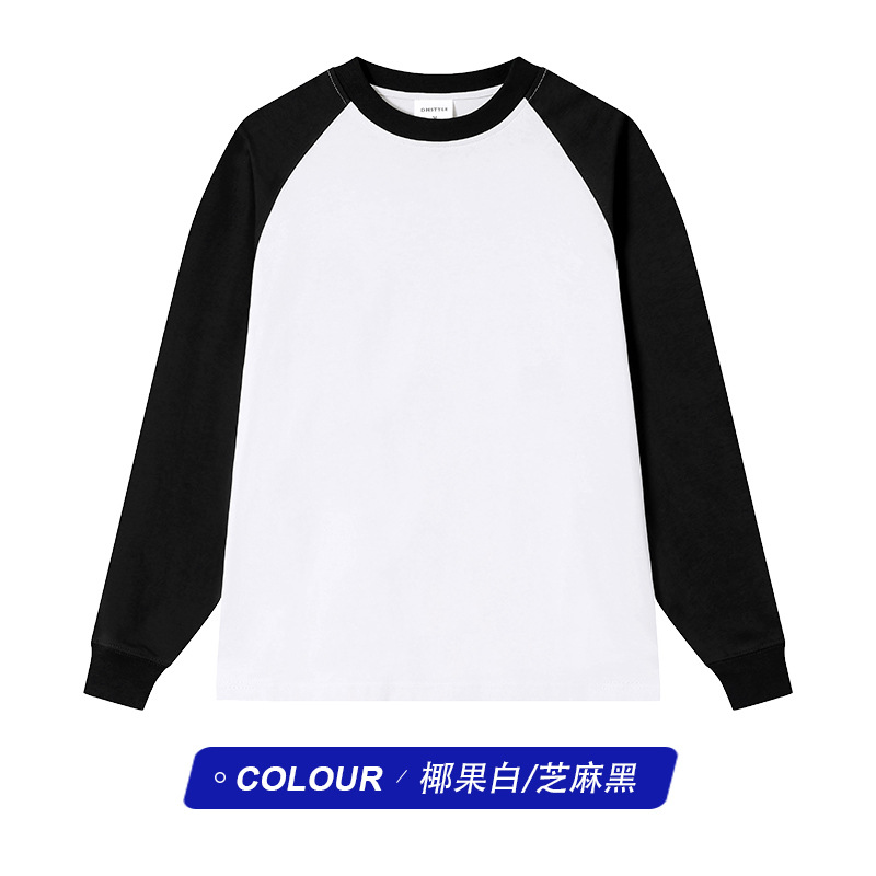 250G Heavy Cotton Raglan Long-Sleeved T-shirt Men's Color Matching Thread Sleeve American Retro Crew Neck Bottoming Shirt Women's Custom