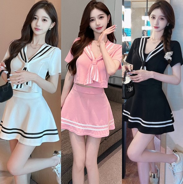 5004性感翻领短款水手服制服裙子女人味时尚收腰修身套装裙两件套