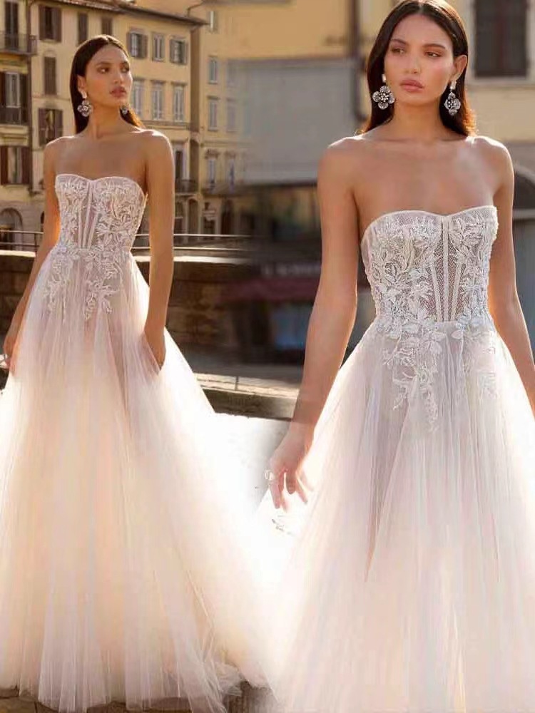 跨境新款抹胸婚纱欧美网纱连衣裙亚马逊街拍轻纱新娘结婚晚礼服女