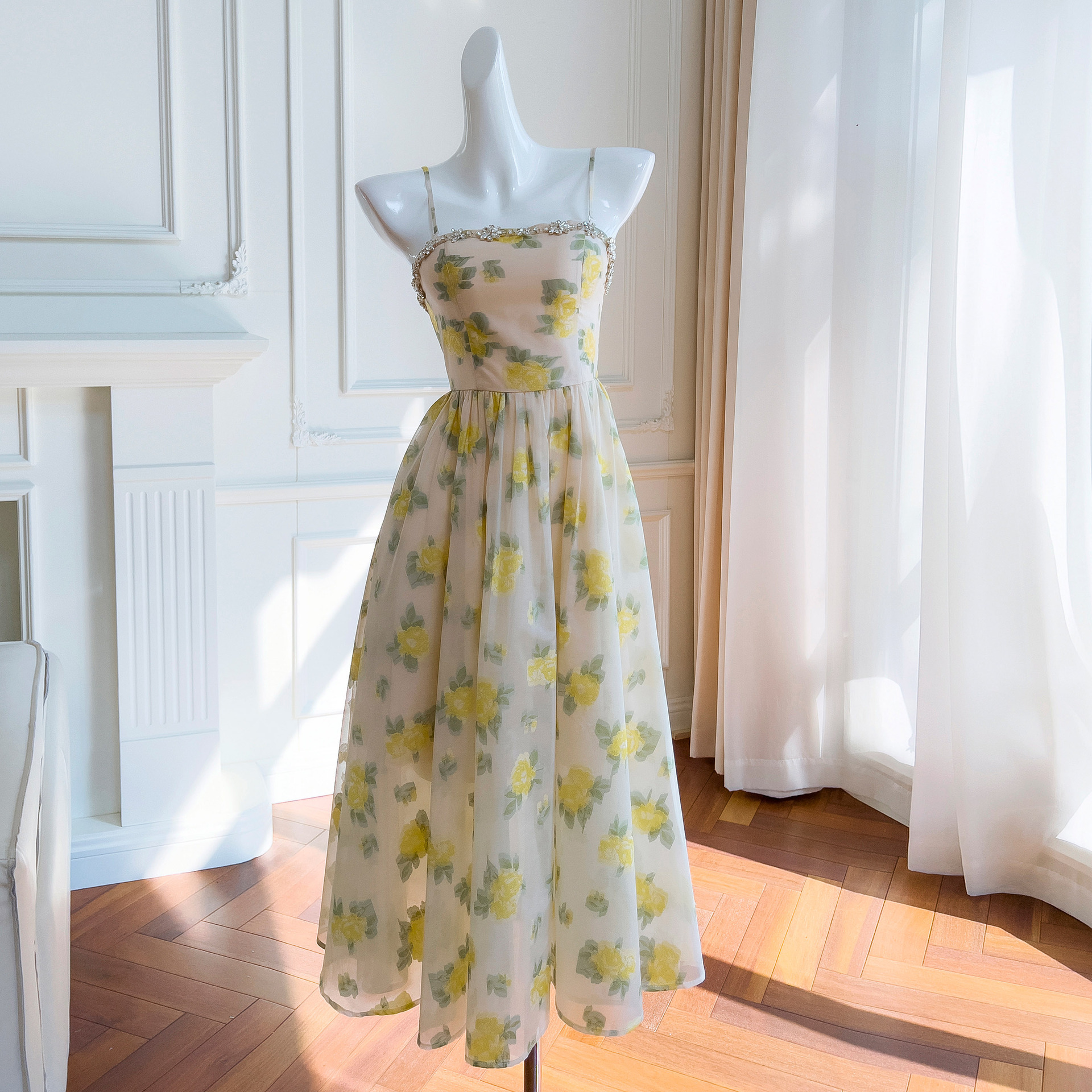 【订货款】清新小雏菊碎花连衣裙法式礼服抹胸印花提花长裙 68204