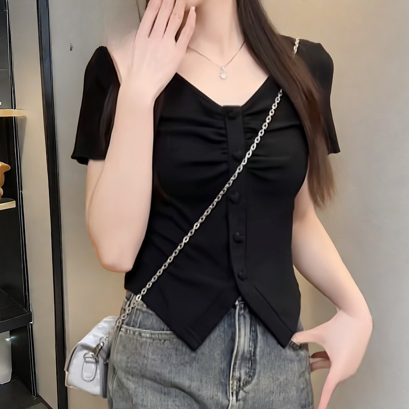 螺纹棉时尚褶皱短袖正肩t恤女2025不规则夏季别致新款小众上衣女