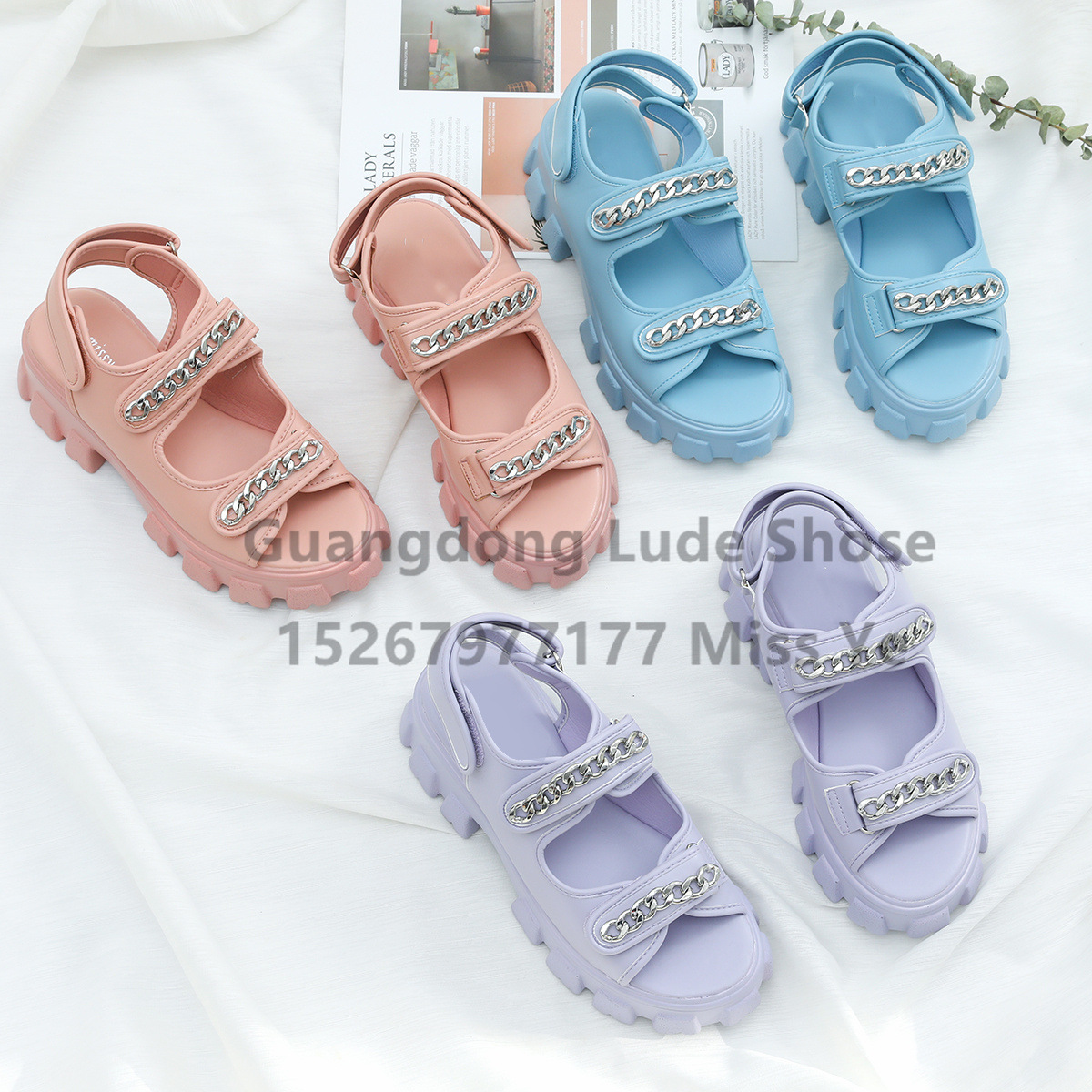 summer new women‘s sandals wholesale sports style casual all-matching women‘s thick-soled velcro metal chain sandals