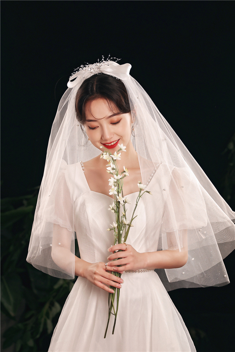 婚纱礼服拍照头纱 摄影旅拍小头纱 珍珠超短花童头饰婚庆