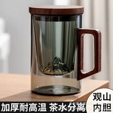 耐热玻璃杯加厚茶杯茶水分离茶道杯办公家用玻璃观山水杯三件套杯