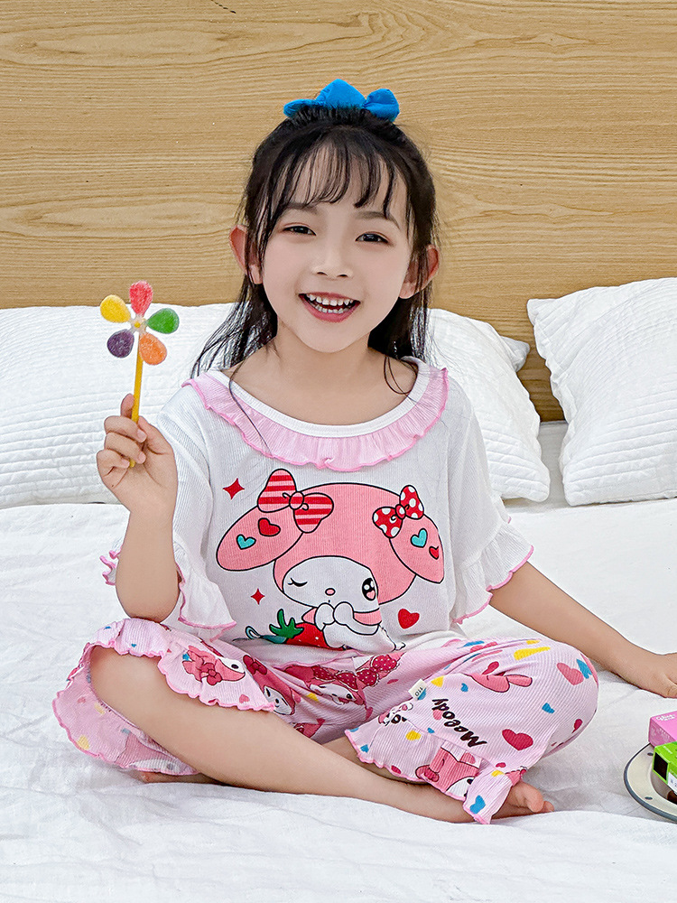 short-sleeved girls‘ pajamas suit middle and big children 2024 summer new children‘s modal bamboo fiber girl air conditioning clothes