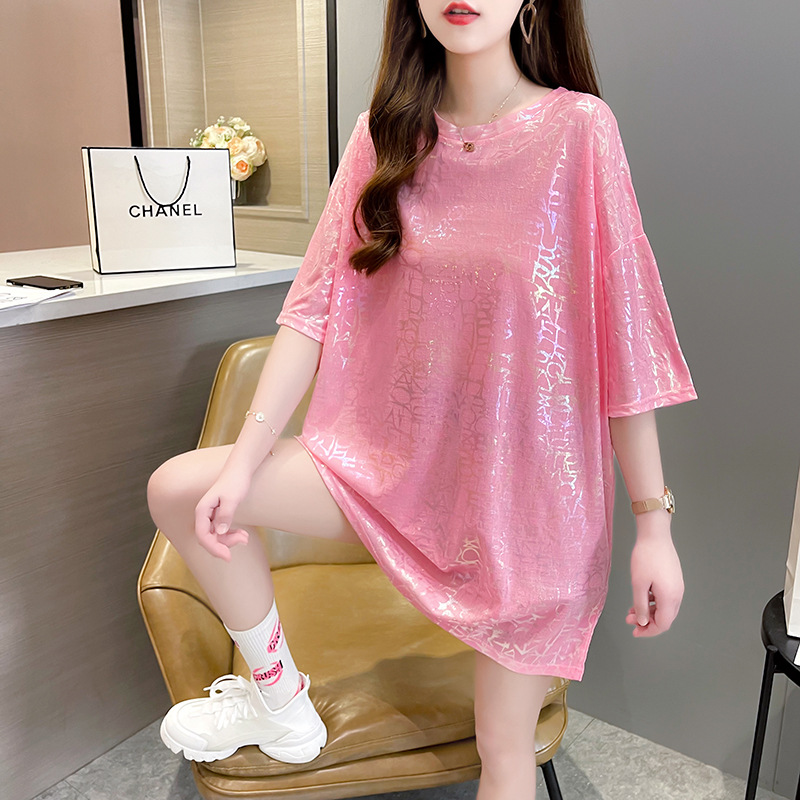 新款韩版2022夏季烫金短袖t恤女时尚圆领上衣中长款大码女装跨境