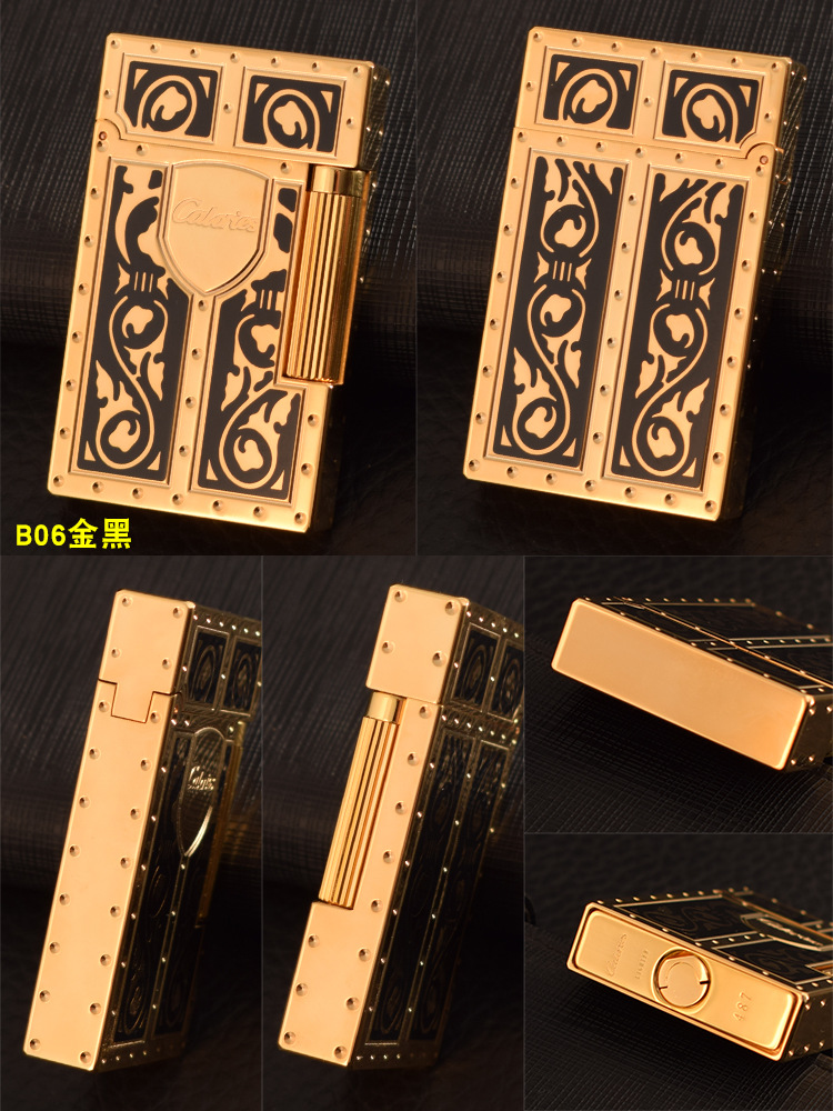 卡路打火机朗声侧滑点火钢音拉丝五面雕图案创意礼品砂轮火机