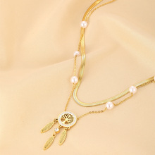 韩版时尚双层叠戴流苏项链白贝生命树花朵吊坠珍珠不锈钢镀金项链