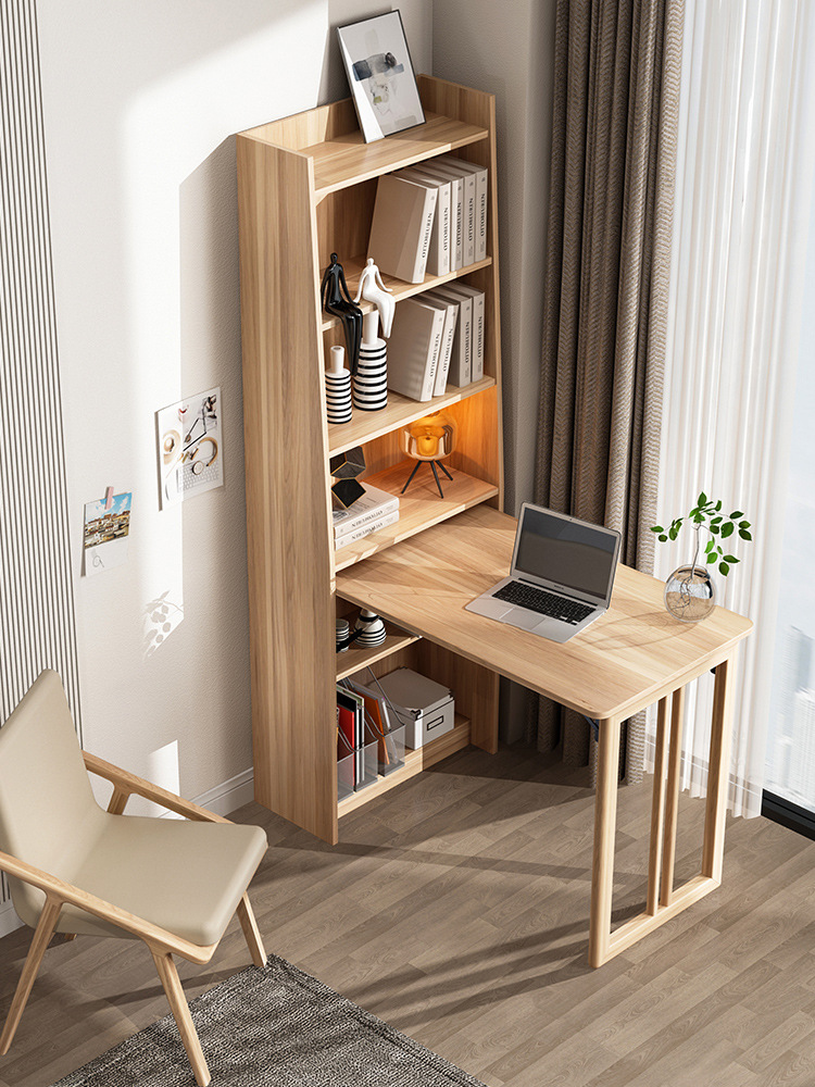 一体式带隐藏台面书桌书柜组合可折叠实木脚小户型租房吧台桌