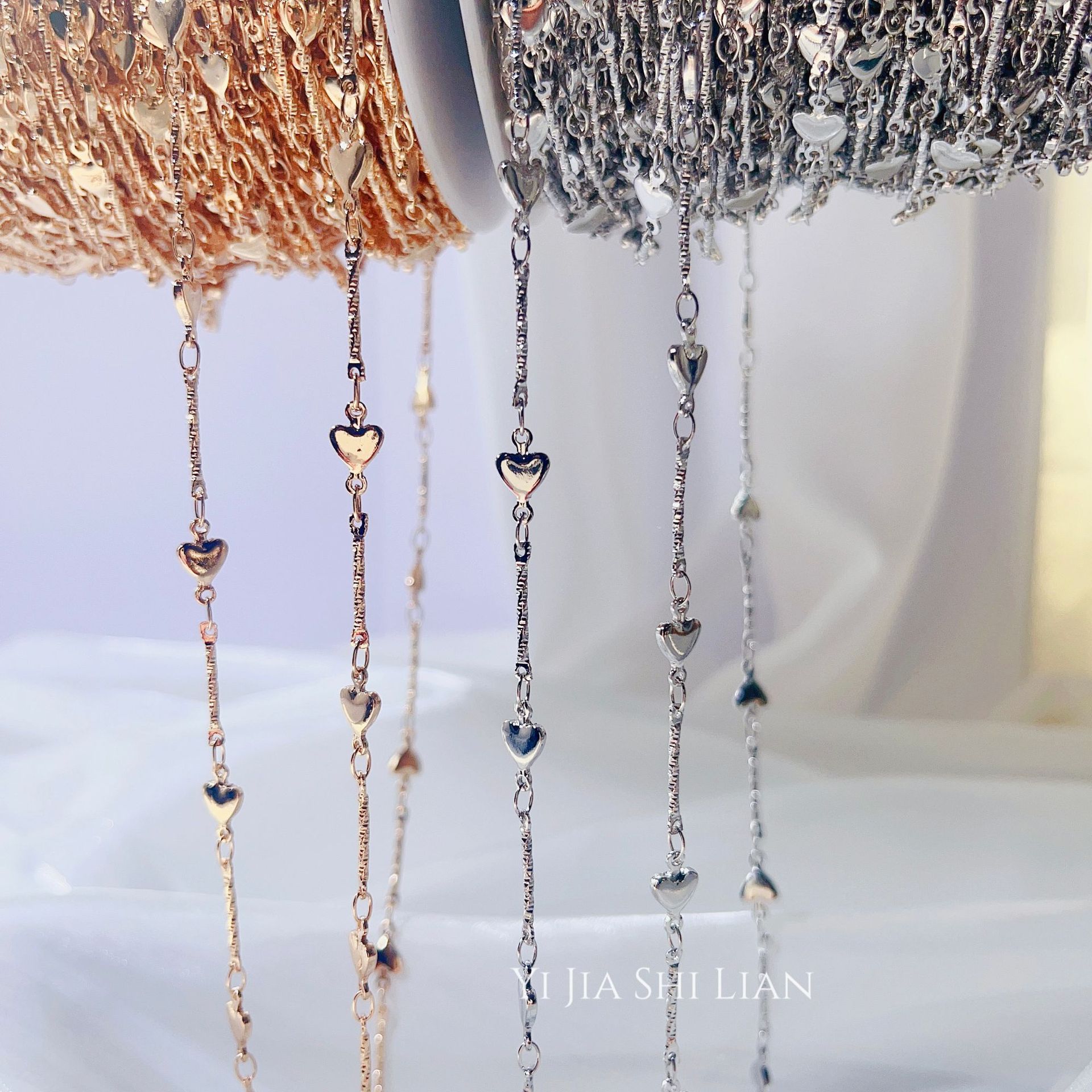 diy饰品配件厚保色爱心链条高级感满天星金属链子项链手链材料包