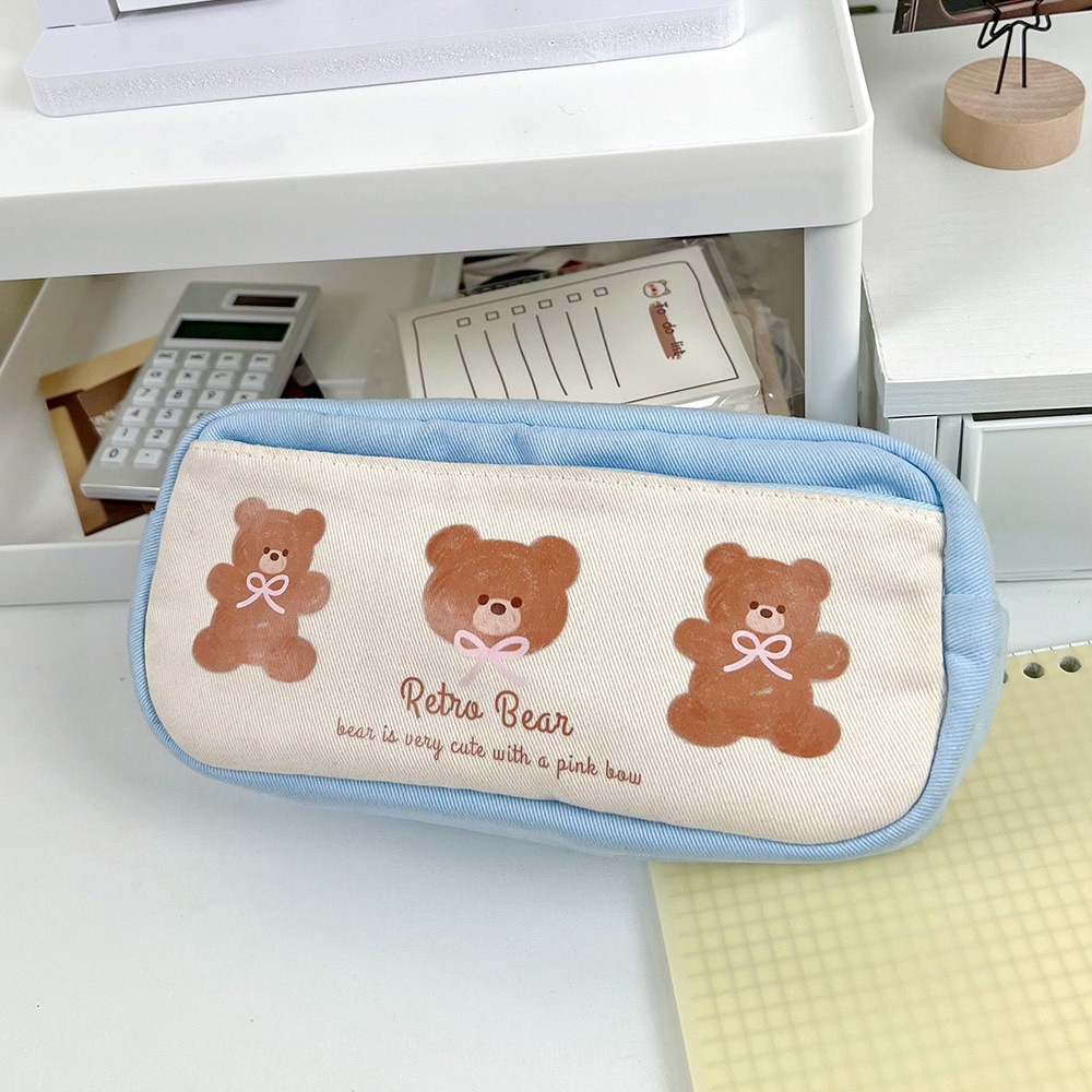 小红书同款小熊笔袋ins简约大容量文具盒初高中生拼色文具收纳袋