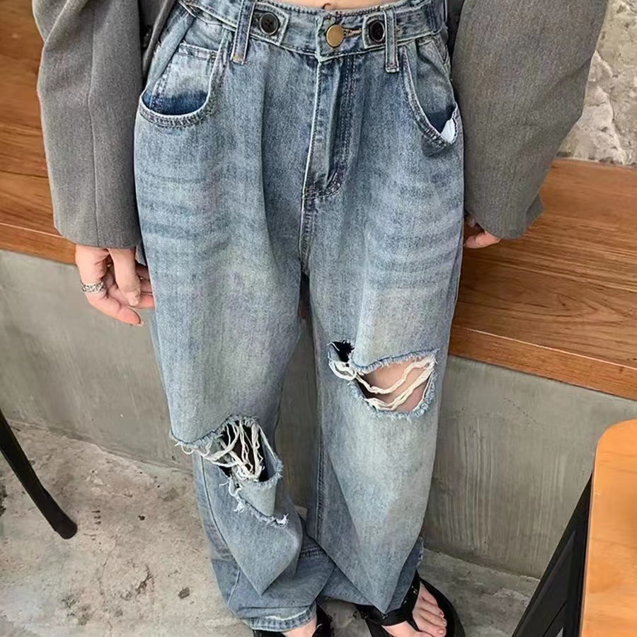 Ripped Jeans Women's 2023 Summer Street Hipster High Waist Loose and Slimming Fried Street Wide Leg Trousers Straight Pants