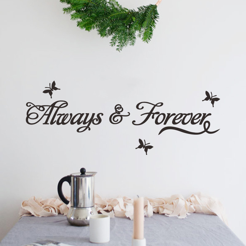 精雕英文箴言艺术字alwaysforever黑色蝴蝶背景装饰墙贴