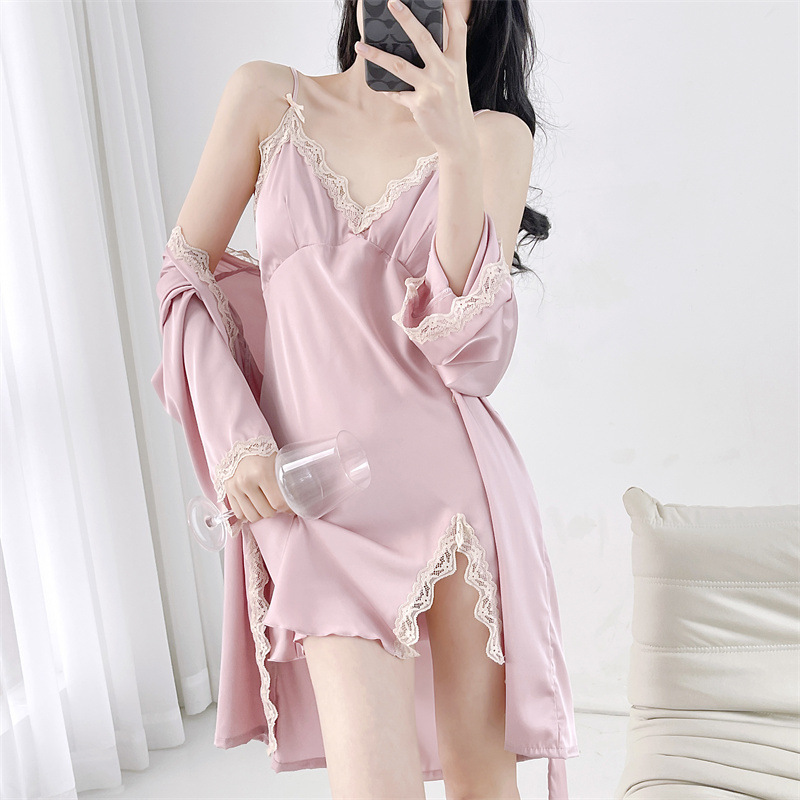 夏季新品蕾丝花边吊带睡裙两件套纯欲性感风睡袍家居服女士套装