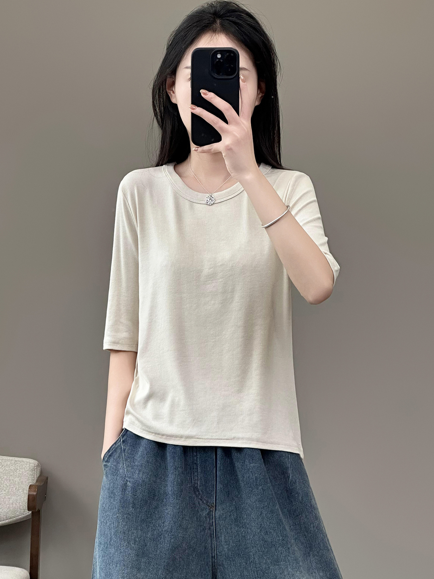 简梦细坑条t恤 2024夏季新款 弹力五分袖上衣女简约圆领体恤66032