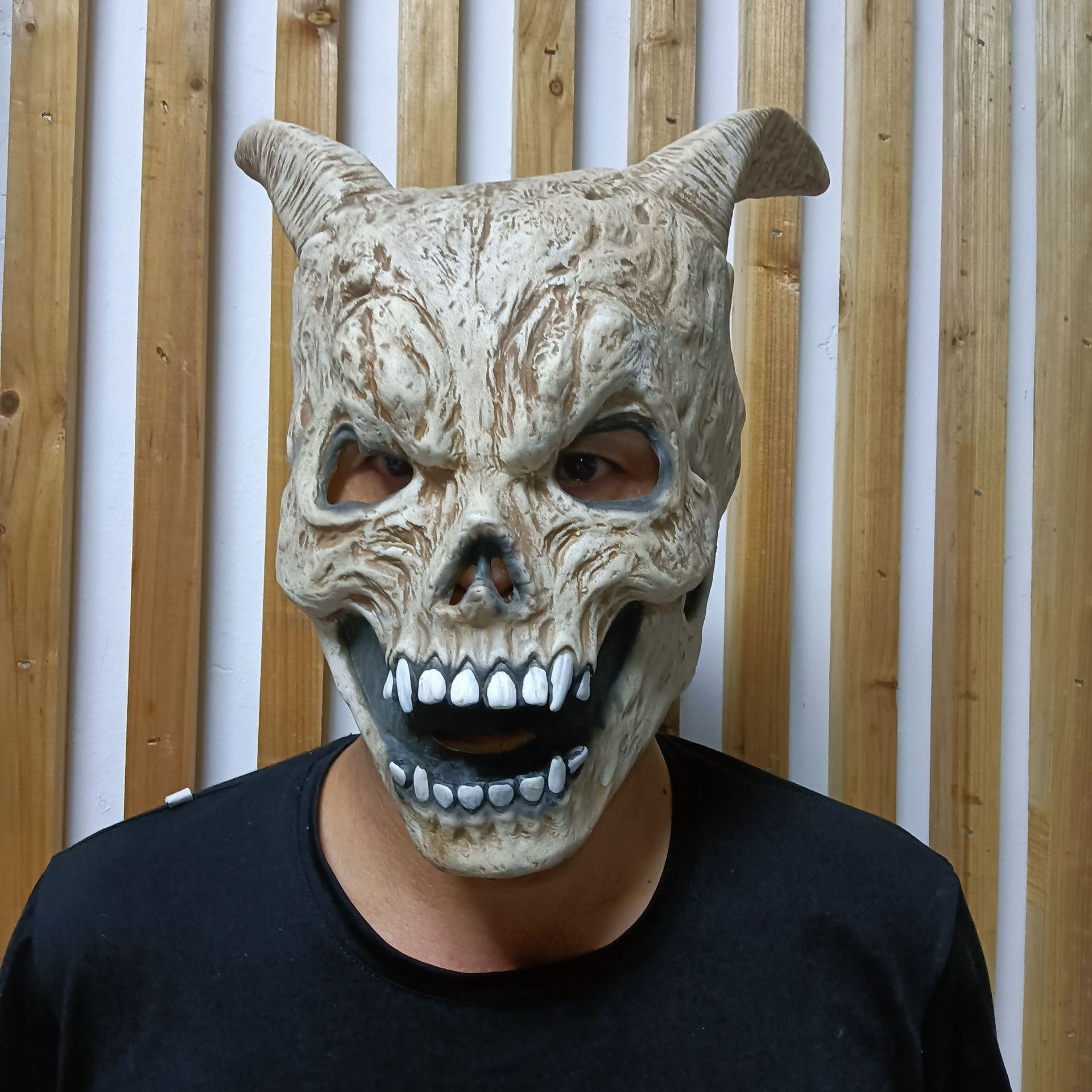 跨境乳胶面具撒旦魔王牛角带派对面具万圣节devil 恐怖鬼面具头套