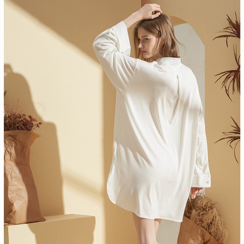 European and American Style New Pure Color Cotton Modal Nightdress plus Size Shirt Dress Women's Pajamas Boyfriend Style Summer Loungewear