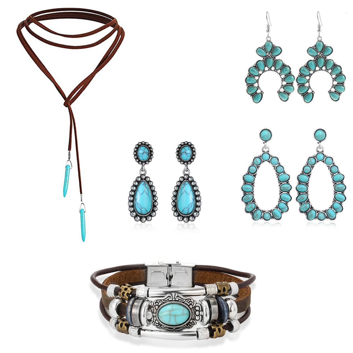欧美跨境复古波西米亚风绿松石耳环手链项链亚马逊热销首饰套装女