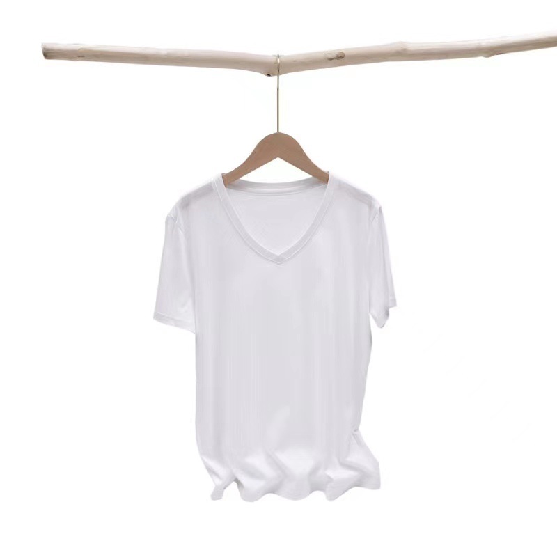 2023 New Mulberry Silk Mercerized Cotton Solid Color T-shirt Loose All-Matching round Neck Short Sleeve Women's White V-Collar Summer Slim Fit